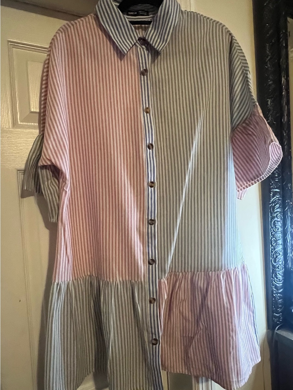 Striped Button-Front Shirt Dress in Pink and Light Gray